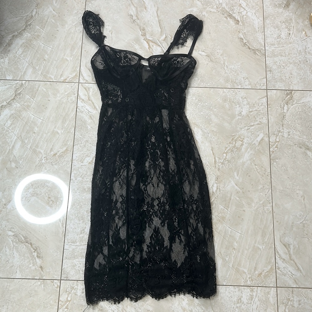Lady Voxy Tight Lace Mini Dress with Cut Out in Chest